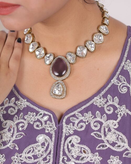Amrapali Kundan Necklace with purple stone for women by Deetya Jewellery – bridal ethnic necklace set