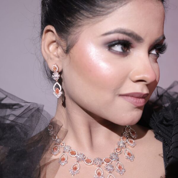 Deetya Ethereal Orange Bloom rose gold necklace and earring set