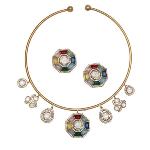 Rangana navratan hasli necklace set - Deetya Jewellery